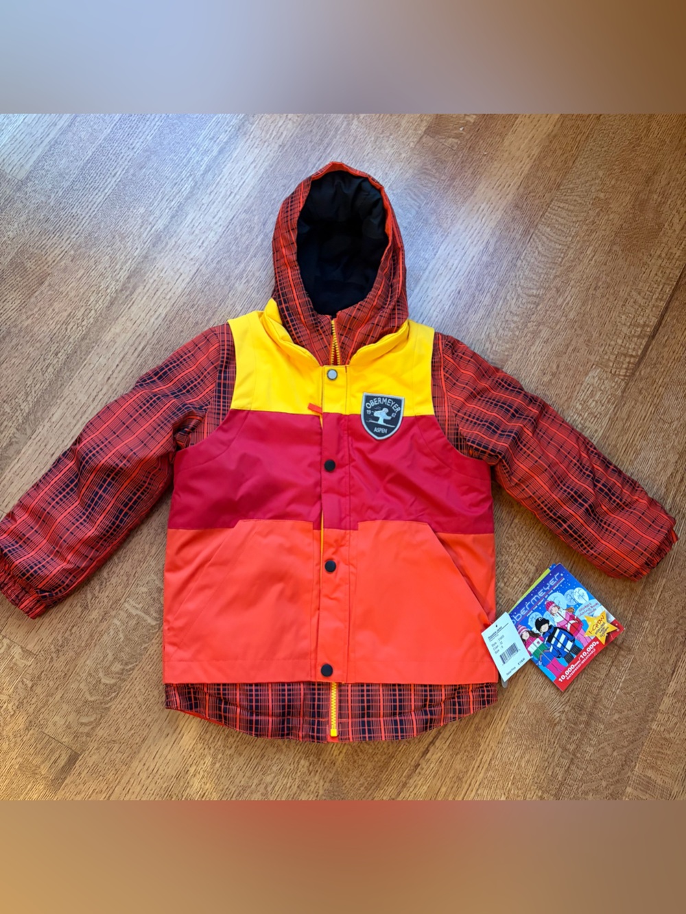 NWT Obermeyer Kids Slopestyle Ski Jacket Sz 6 Colorblock Orange Red Yellow Plaid